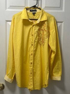 Victorious Yellow Embroidered Button-Up Shirt With Tribal Cross
